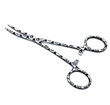 Load image into Gallery viewer, Hemostat Forceps 5.5&quot; (14cm) Curved Serrated Jaws, Stainless Steel, Black &amp; White Paws
