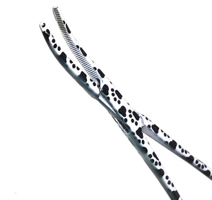 Hemostat Forceps 5.5" (14cm) Curved Serrated Jaws, Stainless Steel, Black & White Paws