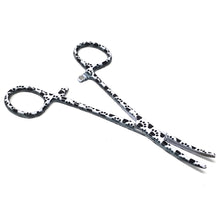 Load image into Gallery viewer, Hemostat Forceps 5.5&quot; (14cm) Curved Serrated Jaws, Stainless Steel, Black &amp; White Paws
