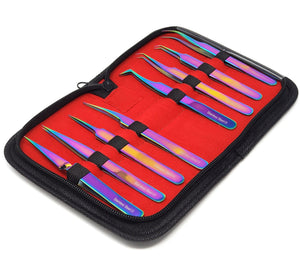 Rainbow Stainless Steel Tweezers Kit Precision Tweezers Set For Eyelash Extension Facial Hair Eyebrows Nail Art, 8 Pcs in a Case