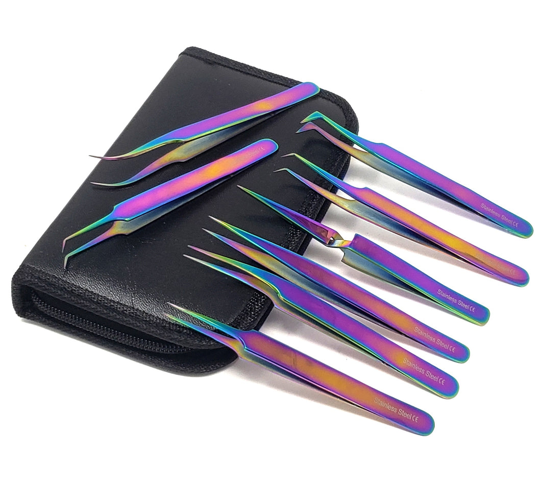 A2zscilab Rainbow Stainless Steel Tweezers Kit Precision Tweezers Set for Eyelash Extension Facial Hair Eyebrows Nail Art, 8 Pcs in A Case
