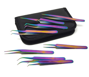 Rainbow Stainless Steel Tweezers Kit Precision Tweezers Set For Eyelash Extension Facial Hair Eyebrows Nail Art, 8 Pcs in a Case