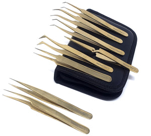 Eyelash Tweezers Set of 8 Stainless Steel Precision Tips for Facial Hair Eyebrow Lash Extension Curler Gold Color in a Case