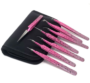 Pink Stardust Eyelash Extension Tweezers 8 Pcs Set Straight and Curved Precision Tips False Eyelash Tweezers Lash Applicator Stainless Steel Tools with Case
