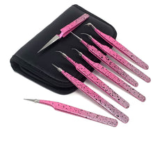 Load image into Gallery viewer, Pink Stardust Eyelash Extension Tweezers 8 Pcs Set Straight and Curved Precision Tips False Eyelash Tweezers Lash Applicator Stainless Steel Tools with Case
