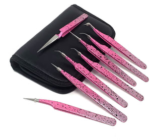 Pink Stardust Eyelash Extension Tweezers 8 Pcs Set Straight and Curved Precision Tips False Eyelash Tweezers Lash Applicator Stainless Steel Tools with Case