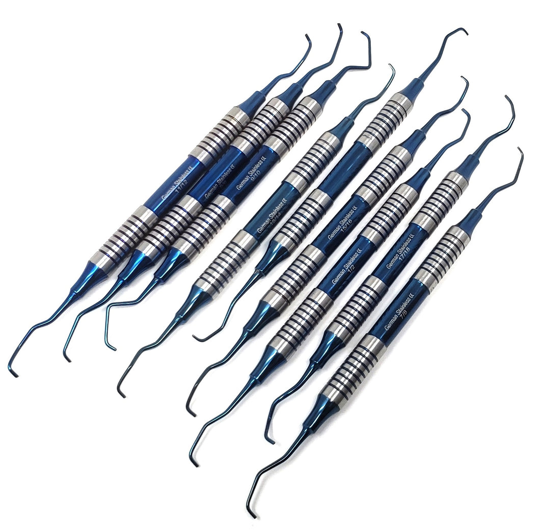 9 Pcs Hollow Handle Gracey Curettes Set Blue Titanium Double Ended Stainless Steel Dental Instruments
