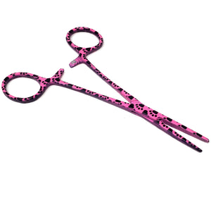 Hemostat Forceps 5.5" (14cm) Straight Serrated Jaws, Stainless Steel, Pink Paws