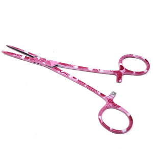 Hemostat Forceps 5.5" (14cm) Straight Serrated Jaws, Stainless Steel, Pink Hearts