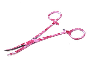 Hemostat Forceps 5.5" (14cm) Curved Serrated Jaws, Stainless Steel, Pink Hearts
