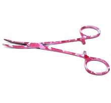 Load image into Gallery viewer, Hemostat Forceps 5.5&quot; (14cm) Curved Serrated Jaws, Stainless Steel, Pink Hearts
