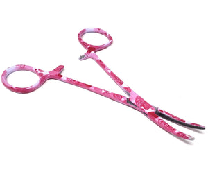 Hemostat Forceps 5.5" (14cm) Curved Serrated Jaws, Stainless Steel, Pink Hearts