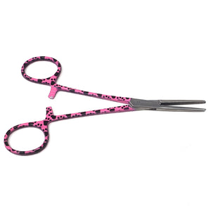 Hemostat Forceps 5.5" (14cm) Straight Serrated Jaws, Stainless Steel, Pink Paws Handle