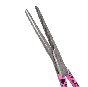 Hemostat Forceps 5.5" (14cm) Straight Serrated Jaws, Stainless Steel, Pink Paws Handle