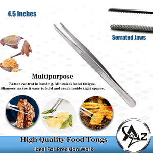 Kitchen Tweezers Stainless Steel Food Tongs Straight Serrated Tips 4.5" (11cm) Tweezers for Home & Commercial Kitchens