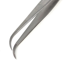 Load image into Gallery viewer, Iris Eye Dressing Dissecting Forceps 4&quot; Fine Point Half Curved Serrated Tips
