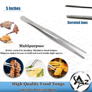 Kitchen Tweezers Stainless Steel Food Tongs Straight Serrated Tips 5" (12.5cm) Tweezers Food Decorating Tool