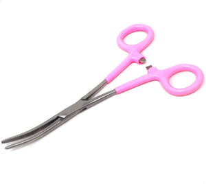 Pet Hair Pulling Serrated Ratchet Forceps, Stainless Steel Grooming Tool, Pink Vinyl Grip 6" Crv