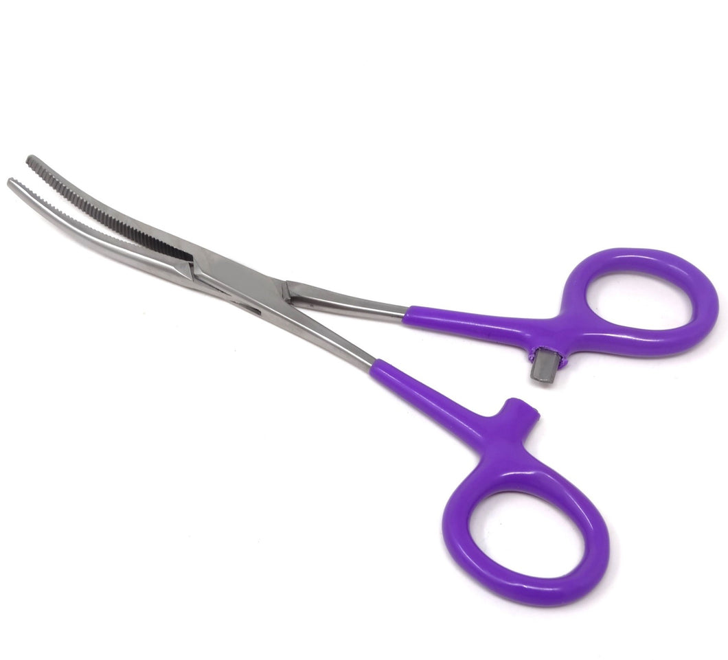 Pet Hair Pulling Serrated Ratchet Forceps, Stainless Steel Grooming Tool, Purple Vinyl Grip 6
