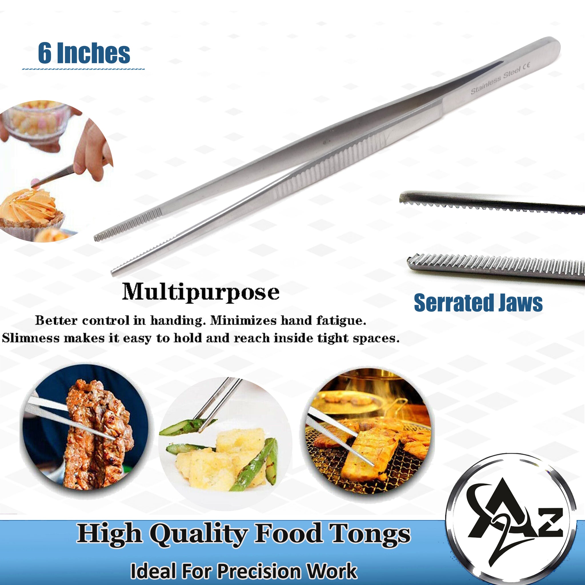 Stainless Steel Tweezers Straight Long Food Tongs Kitchen Chef Serrated  Tips
