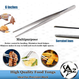 Kitchen Tweezers Stainless Steel Food Tongs Straight Serrated Tips 6" Tweezers for Culinary Chef Baker Tool
