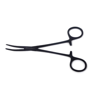 Pet Ear Hair Pulling Serrated Ratchet Forceps, Stainless Steel Grooming Tool, Black 5.5" Curved