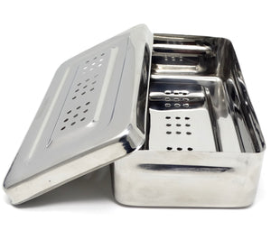 Stainless Steel Medical Sterilizer Box Instrument Organizer Perforated Storage Tray with Lid - 8L x 4W x 1.5H