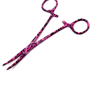 Hemostat Forceps 5.5" (14cm) Curved Serrated Jaws, Stainless Steel, Pink Leopard