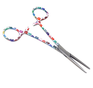 Hemostat Forceps 5.5" (14cm) Straight Serrated Jaws, Stainless Steel, White Multi Paws Handle