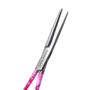 Hemostat Forceps 5.5" (14cm) Straight Serrated Jaws, Stainless Steel, Pink Hearts Handle