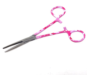 Hemostat Forceps 5.5" (14cm) Straight Serrated Jaws, Stainless Steel, Pink Hearts Handle