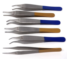 Load image into Gallery viewer, Set of 6 Adson Forceps Stainless Steel 4.75&quot; Straight + Angled Dissecting Tweezers, Color Coded

