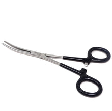 Load image into Gallery viewer, Black PVC Vinyl Grip Handle Hemostat Forceps Curved Serrated 6&quot;
