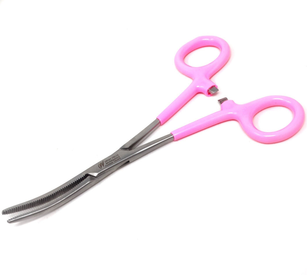 Pink PVC Vinyl Grip Handle Hemostat Forceps Curved Serrated 6