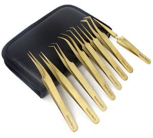 Eyelash Tweezers Set of 8 Stainless Steel Precision Tips for Facial Hair Eyebrow Lash Extension Curler Gold Color in a Case