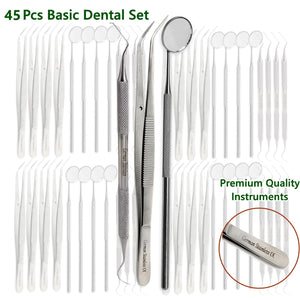 15 Sets of 45 Dental Instruments - Stainless Steel College Cotton Pliers, Double Ended Explorer#5 and Mouth Mirror