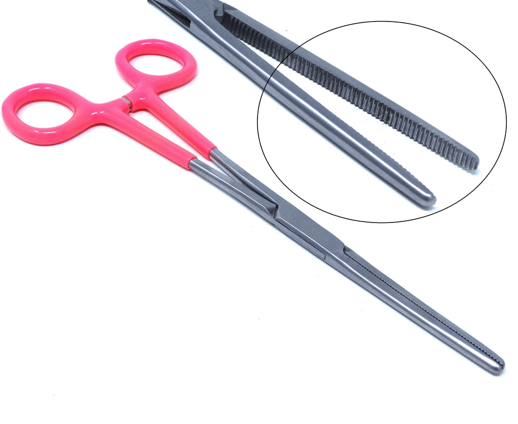 Pink PVC Vinyl Grip Handle Hemostat Forceps Straight Serrated 8