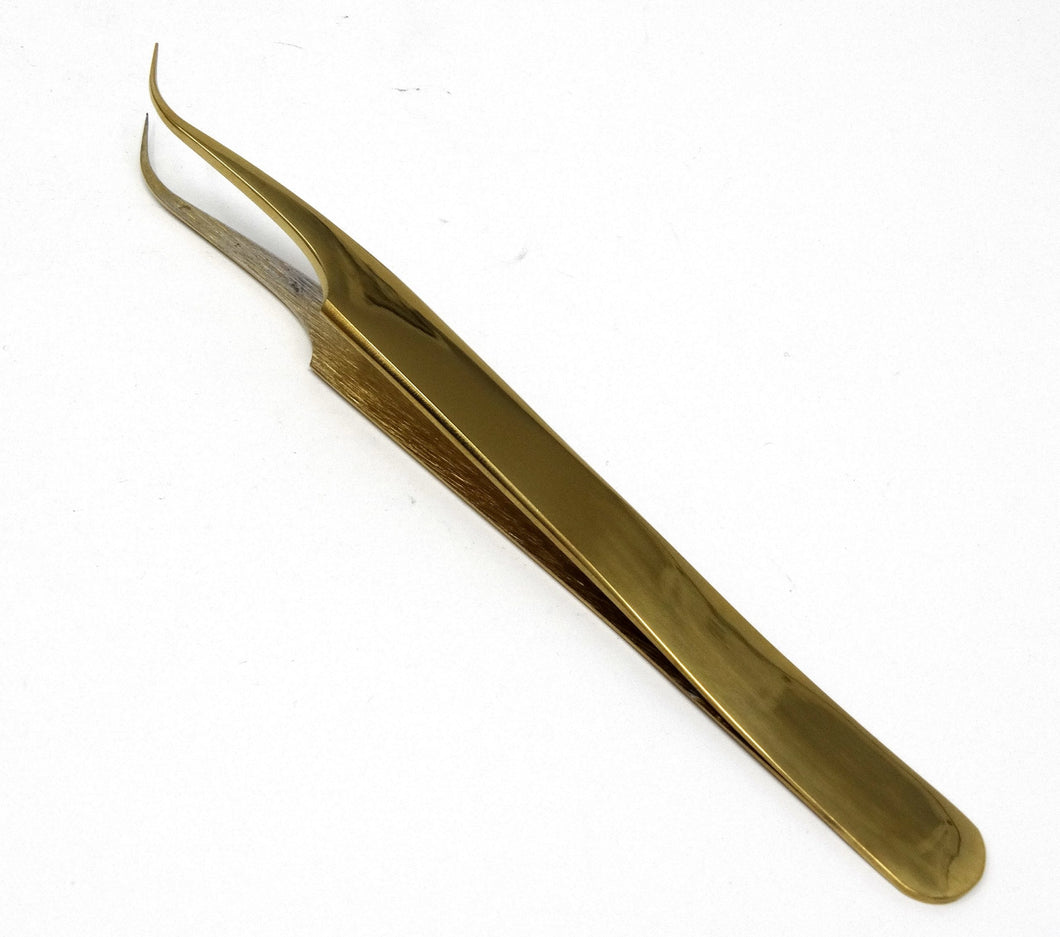 Stainless Steel 3D 5D 6D Volume False Eyelash Extension Tweezers Strong Curved, Gold Plated, Premium Quality