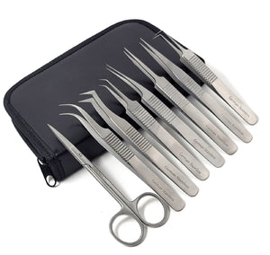 7pcs Precision Tweezer Set Stainless Steel Eyebrow Tweezers Eyelash Curler with Scissors in a Case