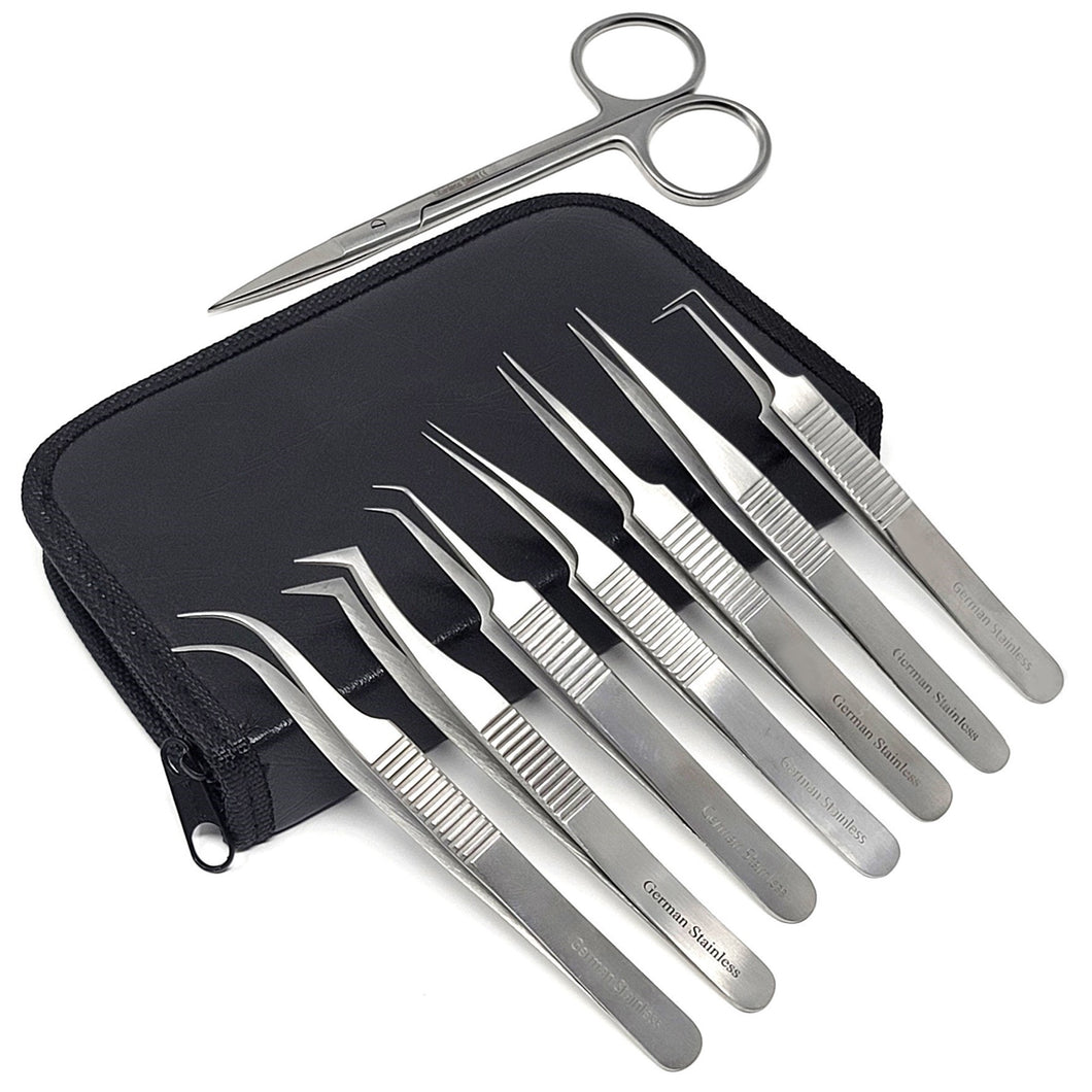 7pcs Precision Tweezer Set Stainless Steel Eyebrow Tweezers Eyelash Curler with Scissors in a Case