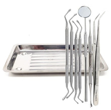 Load image into Gallery viewer, 8 Pc Dental Lucas Curettes with Scaler Tray Dental Mirror, Teeth Scraper, Dental Tweezers, Stainless Steel Instruments
