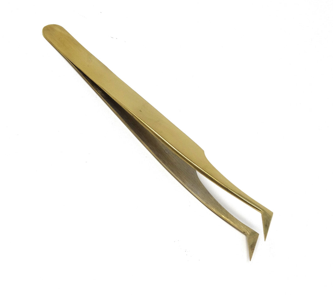 Stainless Steel 3D 5D 6D Volume False Eyelash Extension Tweezers Semi Angled, Gold Plated, Premium Quality