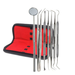Dental Tooth Cleaning Kit Dentist Scraper Pick Tool Calculus Plaque Flos Remover Tweezers and Mouth Mirror with Case（7 Pcs)