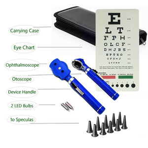 Fiber Optic Otoscope Ophthalmoscope Examination LED Diagnostic ENT Set Blue with Free Sight Chart