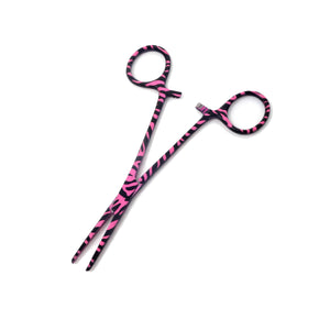 Pet Ear Hair Pulling Serrated Ratchet Forceps, Stainless Steel Grooming Tool, Pink Swirls 5.5" STR