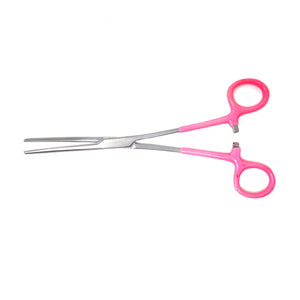 Pet Hair Pulling Serrated Ratchet Forceps, Stainless Steel Grooming Tool, Pink Vinyl Grip 8" STR
