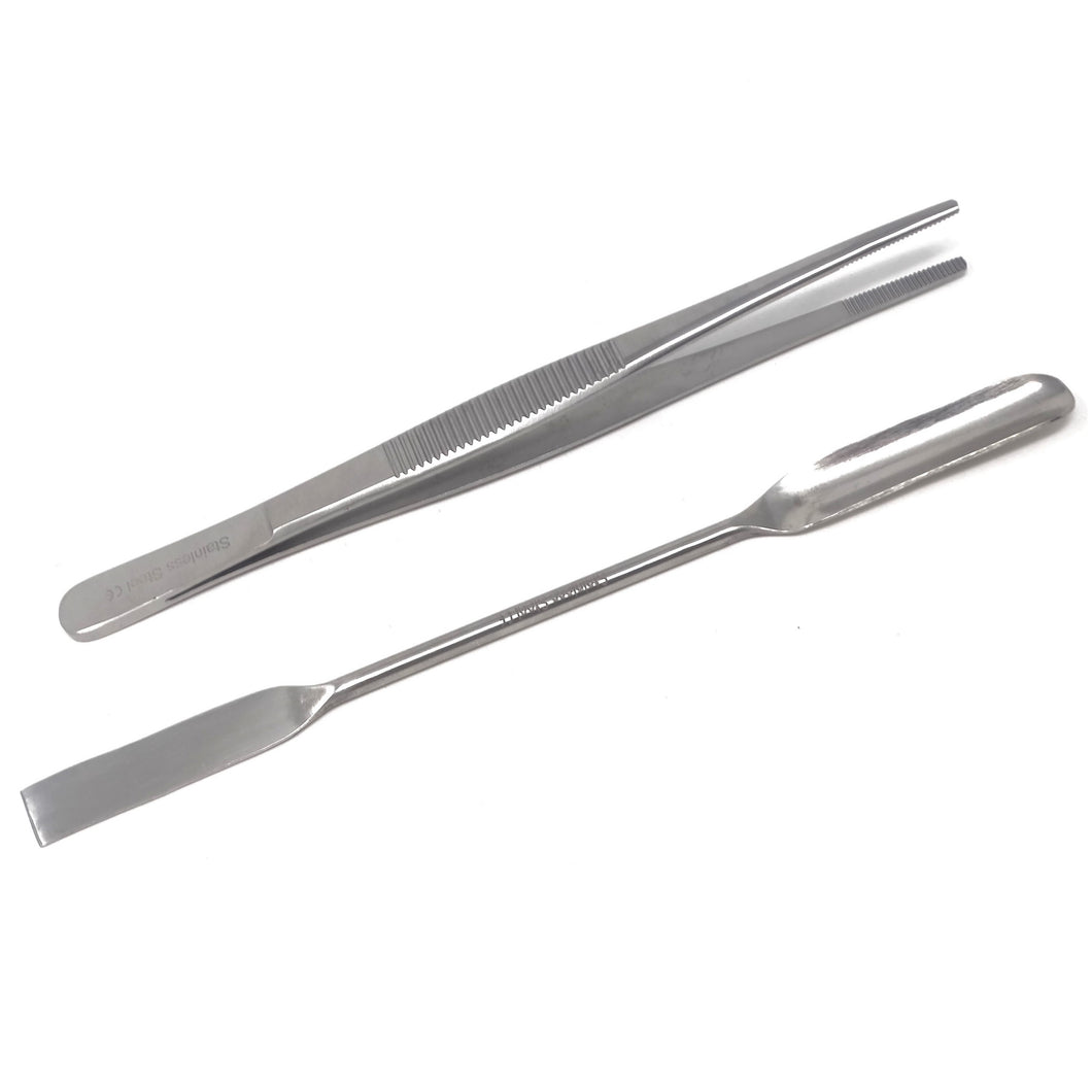 2 in 1 Lab Supplies Kit Double Head Stainless Steel Micro Spatula with Serrated Tweezers