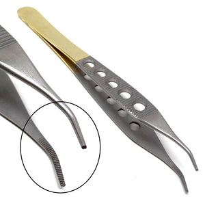 Adson Dressing Serrated Forceps 6", Curved, Gold Handle