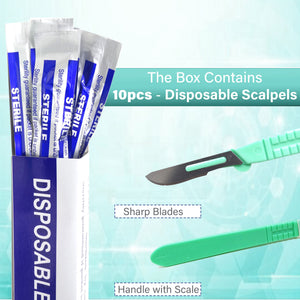 Disposable Scalpels #10, 10/bx Carbon Steel Blades, Plastic Handle