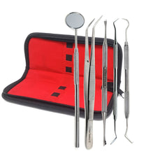 Load image into Gallery viewer, Dentist Tools Kit - Stainless Steel Dental Pick, Scaler, Plaque Remover, Mouth Mirror, Tweezers - 5 Pcs Dental Hygiene Set in a Case
